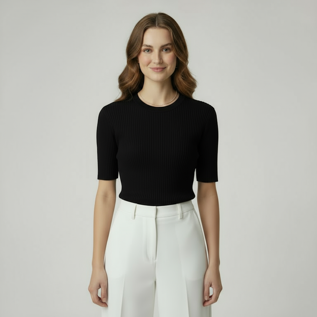 Classic Black Ribbed Short-Sleeve Top