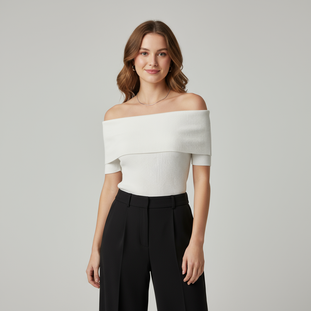 Off-Shoulder White Ribbed Top