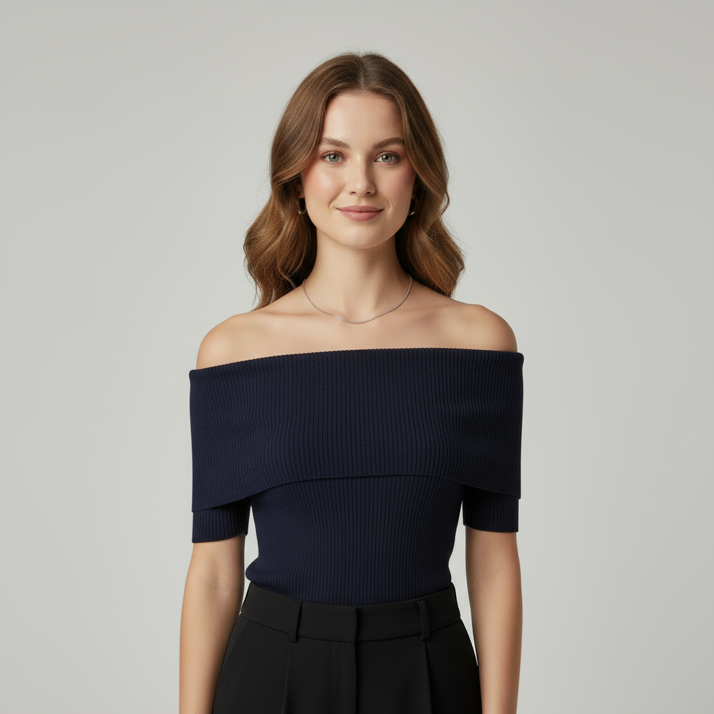 Off-Shoulder Navy Blue Ribbed Top
