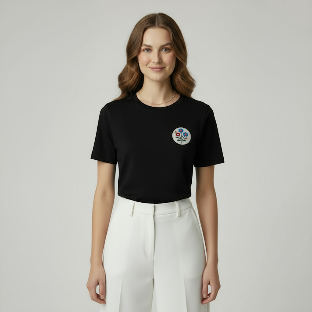 Women’s Black Embroidered Round-Neck T-Shirt